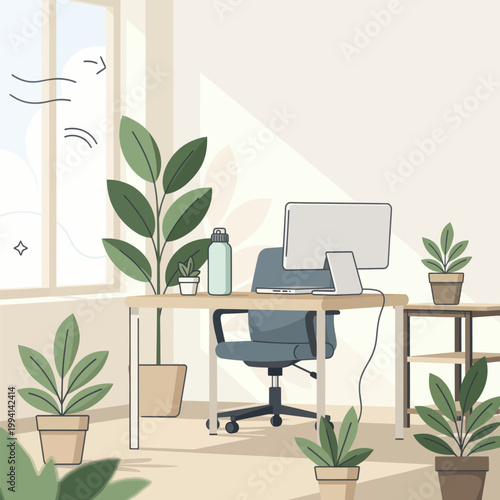 Workspace with plants, computer and chair near window in modern office