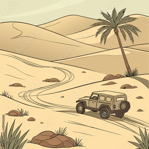 Off-road vehicle driving on sandy desert trail past palm tree and rolling dunes with adventure landscape expedition wilderness vacation explorer environment transport exploration illustration