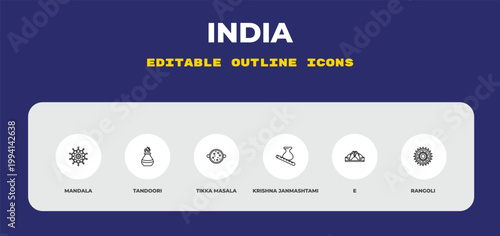 outline india icons set - mandala, tandoori, tikka masala. editable vector for web and mobile ui