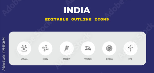 outline india icons set - varaja, hindu, trident. editable vector for web and mobile ui