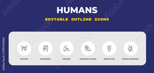 outline humans icons set - fighting, showering, begging. editable vector for web and mobile ui