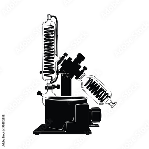 Silhouette bundle set of rotary evaporator with flask and condenser.