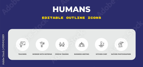outline humans icons set - teachers, worker with notepad, people trading. editable vector for web and mobile ui