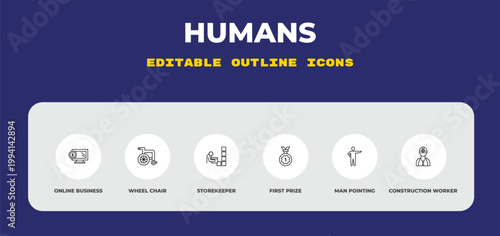 outline humans icons set - online business, wheel chair, storekeeper. editable vector for web and mobile ui