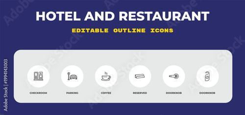 outline hotel and restaurant icons set - checkroom, parking, coffee. editable vector for web and mobile ui