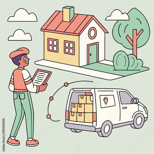 Order delivery logistics planning and parcel tracking concept with delivery service logistics process supply chain e commerce transport van cargo van delivery man logistics planner logistics