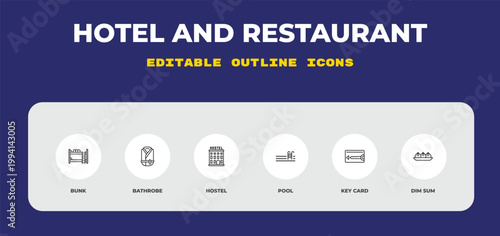 outline hotel and restaurant icons set - bunk, bathrobe, hostel. editable vector for web and mobile ui