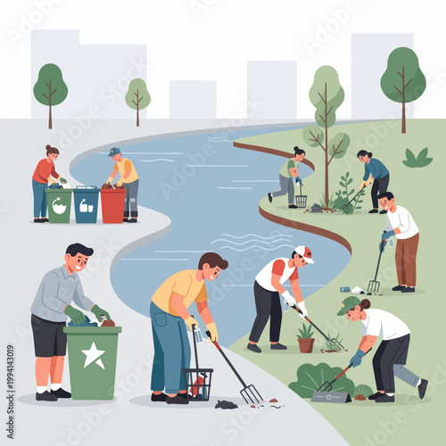 People cleaning and picking up litter in park and environment