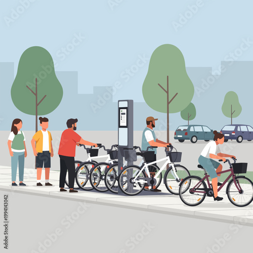 People renting bicycles at a bike sharing station on a city street