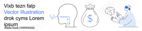 Medical science, technology, innovation, financial growth, digital health, and futuristic ideas. A respiration diagram, a money bag and a person in VR. Medical science and technology concepts