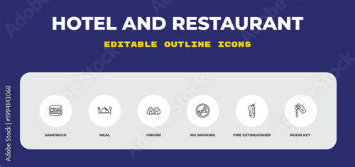 outline hotel and restaurant icons set - sandwich, meal, onigiri. editable vector for web and mobile ui