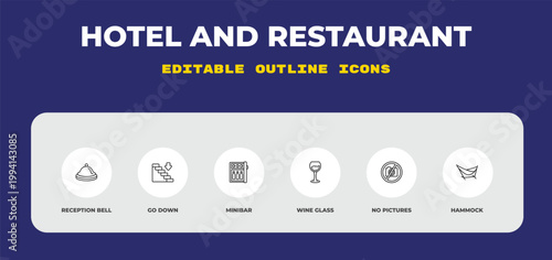 outline hotel and restaurant icons set - reception bell, go down, minibar. editable vector for web and mobile ui