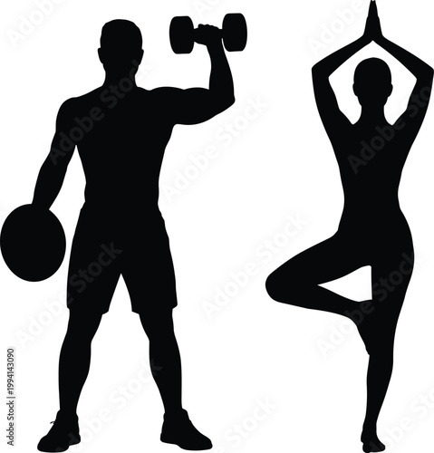 Fitness, exercise, workout, silhouette icons, vector graphics, black and white, healthy lifestyle, sports