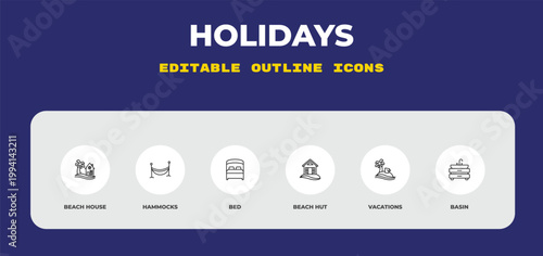 outline holidays icons set - beach house, hammocks, bed. editable vector for web and mobile ui
