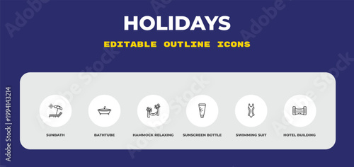 outline holidays icons set - sunbath, bathtube, hammock relaxing. editable vector for web and mobile ui