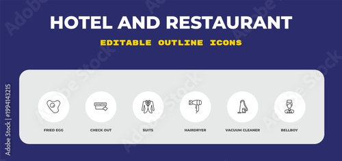 outline hotel and restaurant icons set - fried egg, check out, suits. editable vector for web and mobile ui
