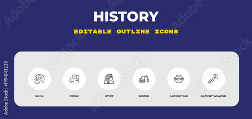 outline history icons set - skull, stone, egypt. editable vector for web and mobile ui