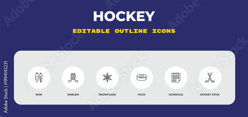 outline hockey icons set - shin, emblem, snowflake. editable vector for web and mobile ui