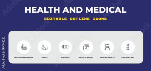 outline health and medical icons set - sphygmomanometer, biceps, yoga mat. editable vector for web and mobile ui
