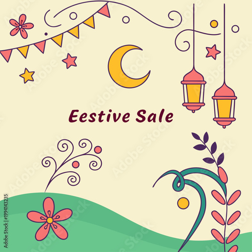Festive sale background with moon lanterns and flowers illustration decoration celebration background shopping discount promotion cultural seasonal ornament illustration creative abstract