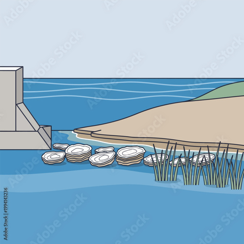 Coastal barrier with shells in water near a beach shore