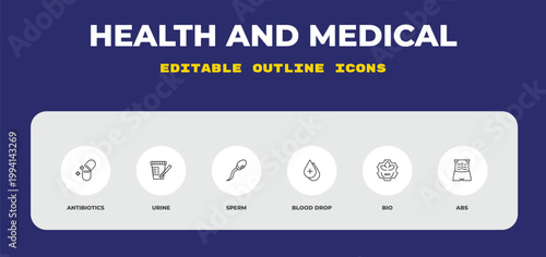 outline health and medical icons set - antibiotics, urine, sperm. editable vector for web and mobile ui
