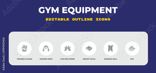 outline gym equipment icons set - training gloves, jumping rope, vaulting horse. editable vector for web and mobile ui