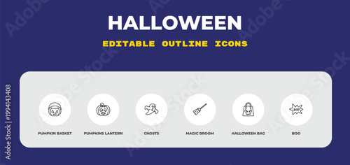 outline halloween icons set - pumpkin basket, pumpkins lantern, ghosts. editable vector for web and mobile ui