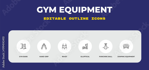 outline gym equipment icons set - gym bars, hand grip, waist. editable vector for web and mobile ui