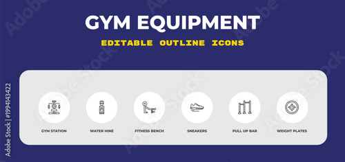 outline gym equipment icons set - gym station, water hine, fitness bench. editable vector for web and mobile ui