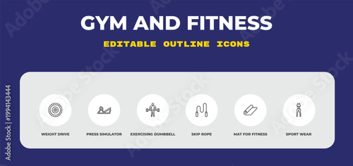 outline gym and fitness icons set - weight drive, press simulator, exercising dumbbell. editable vector for web and mobile ui