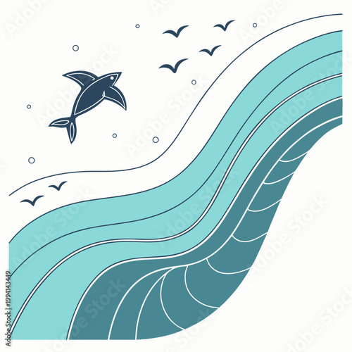 Stylized oceanic wave landscape with flying seabirds landscape minimalist illustration environment vacation