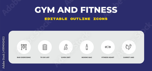 outline gym and fitness icons set - bar exercising, to do list, good diet. editable vector for web and mobile ui