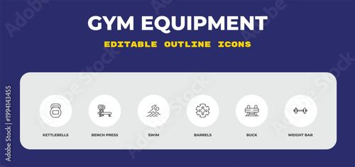 outline gym equipment icons set - kettlebells, bench press, swim. editable vector for web and mobile ui