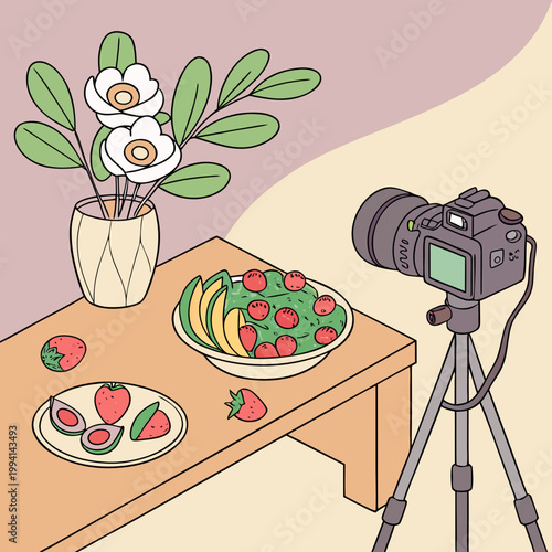 Camera on tripod filming a fresh salad and strawberry snack flat lay with photography strawberry production recording lifestyle vegetable decoration interior creative influencer tutorial