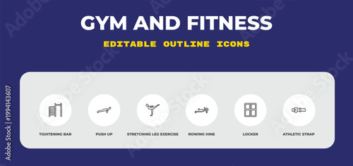 outline gym and fitness icons set - tightening bar, push up, stretching leg exercise. editable vector for web and mobile ui