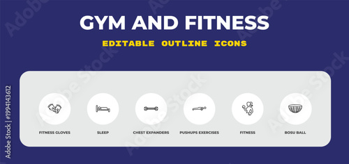 outline gym and fitness icons set - fitness gloves, sleep, chest expanders. editable vector for web and mobile ui
