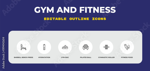 outline gym and fitness icons set - barbell bench press, hydratation, gym bag. editable vector for web and mobile ui