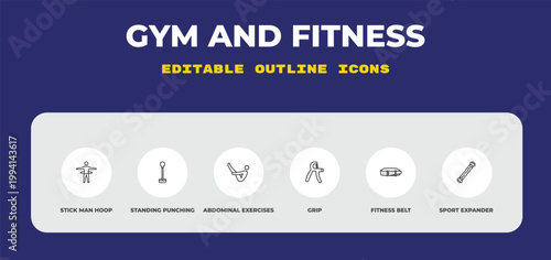 outline gym and fitness icons set - stick man hoop, standing punching ball, abdominal exercises. editable vector for web and mobile ui