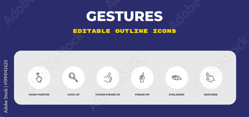 outline gestures icons set - hand pointer, look up, thumb finger up. editable vector for web and mobile ui