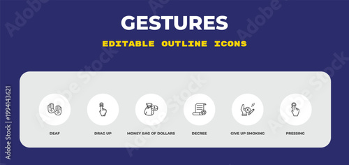 outline gestures icons set - deaf, drag up, money bag of dollars. editable vector for web and mobile ui