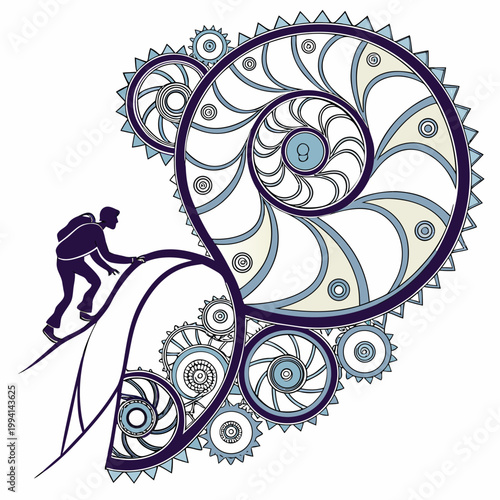 Conceptual illustration of a person climbing a spiral gear mechanism with mechanical industry climbing silhouette progress ambition engineering mechanism abstract innovation technology