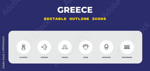 outline greece icons set - olympus, artemis, omega. editable vector for web and mobile ui