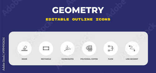 outline geometry icons set - erase, rectangle, coordinates. editable vector for web and mobile ui