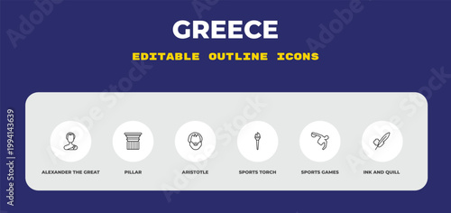 outline greece icons set - alexander the great, pillar, aristotle. editable vector for web and mobile ui