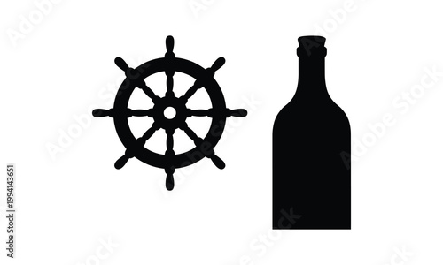 Nautical, ship wheel, bottle icons, vector graphics, black silhouettes, navigation, sailing