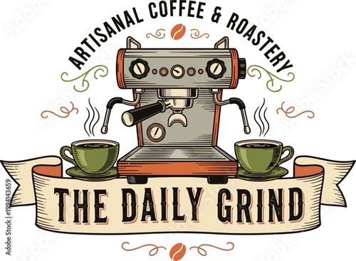 Vintage artisanal coffee roastery badge with espresso machine, cups, and retro typography for cafe branding design