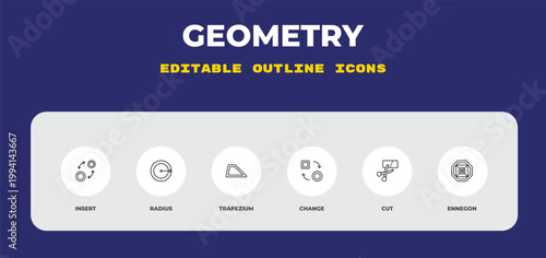 outline geometry icons set - insert, radius, trapezium. editable vector for web and mobile ui