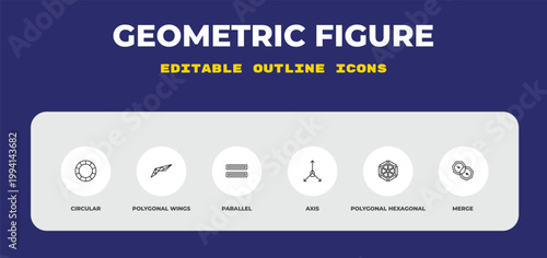 outline geometric figure icons set - circular, polygonal wings, parallel. editable vector for web and mobile ui