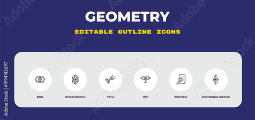 outline geometry icons set - join, icosahedron, trim. editable vector for web and mobile ui